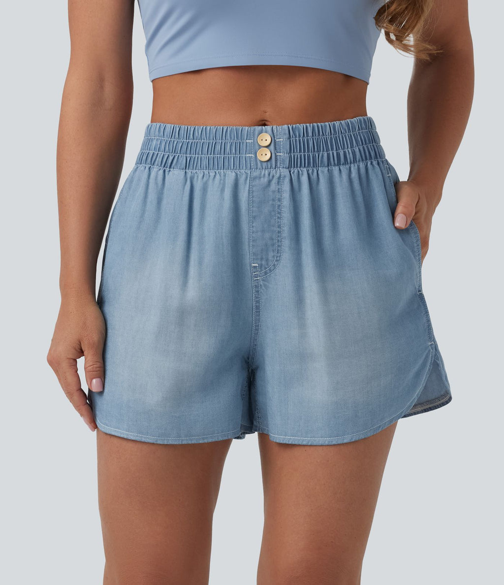 Short en jean décontracté taille mi-haute en lyocell drapé, 9 cm, avec poches