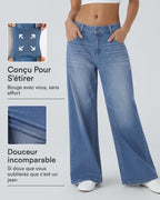 Halara Flex™ Jean Large Casual Taille Basse avec Boutons Zip Multiples Poches Lavés Élastiques et Tricotés