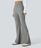 Pantalon Taille Haute Casual Évasés en Tricot Côtelé avec Poches Latérales et Croisé