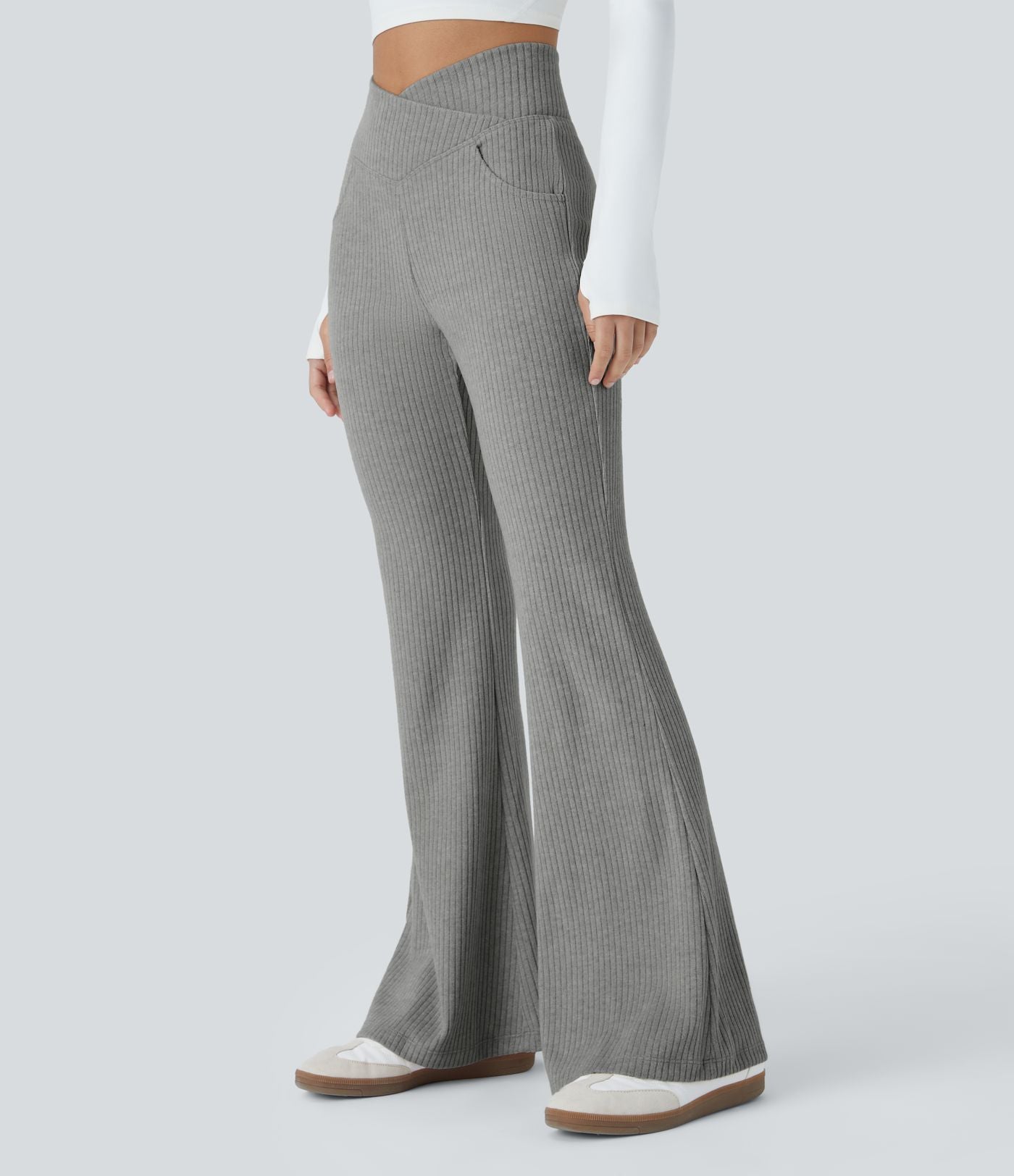 Pantalon Taille Haute Casual Évasés en Tricot Côtelé avec Poches Latérales et Croisé
