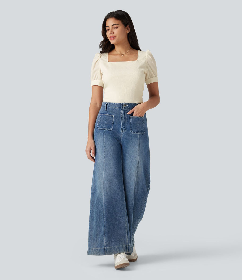 Blouse habillée col carré à manches bouffantes et tissu texturé