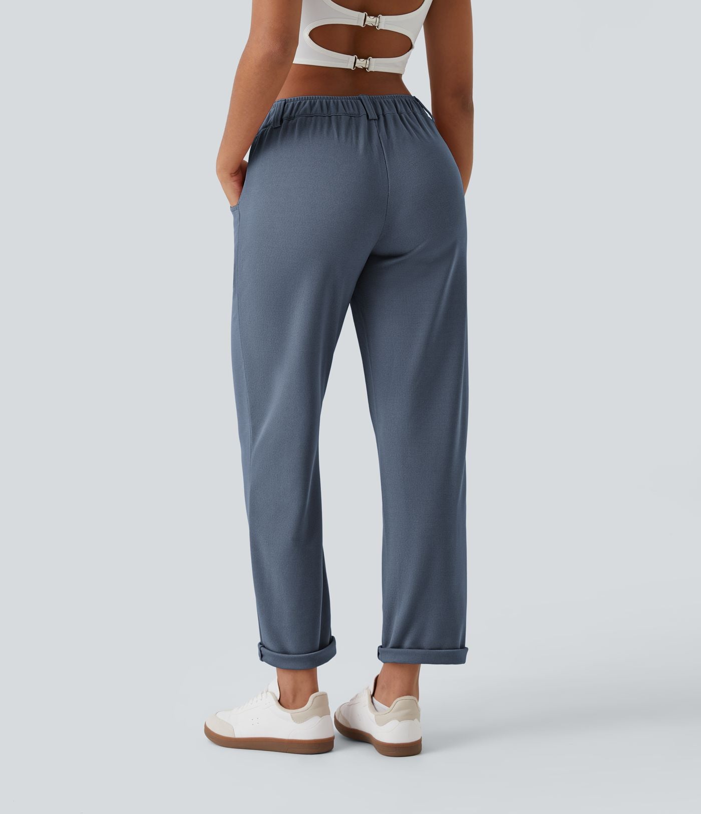 Pantalon casual taille mi-haute en maille gaufrée avec poche zippée