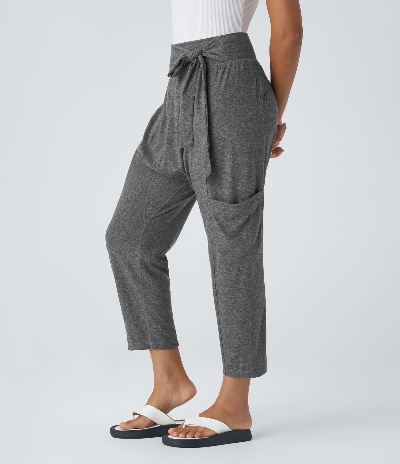 Pantalon Harem Casuak à Taille Mi-Haute avec Liens sur le Côté et Multiples Poches