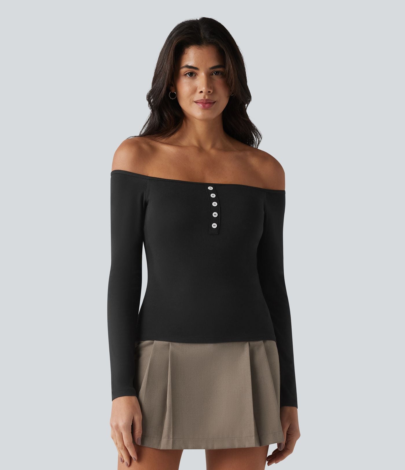 T-shirt casual ultra-ajusté côtelé épaules dénudées à manches longues avec soutien-gorge intégré