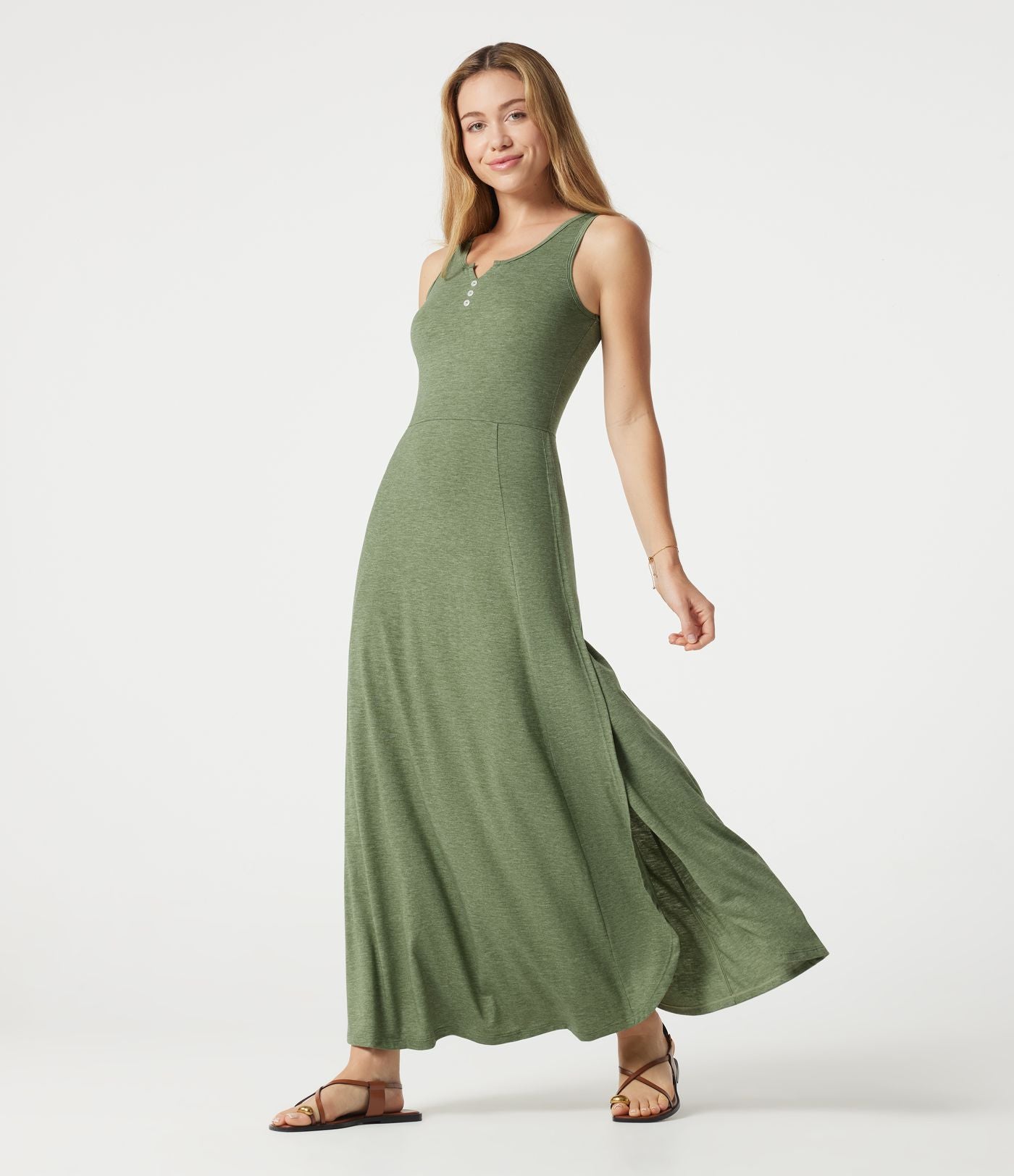 Robe longue fluide décontractée sans manches à col cranté et fente