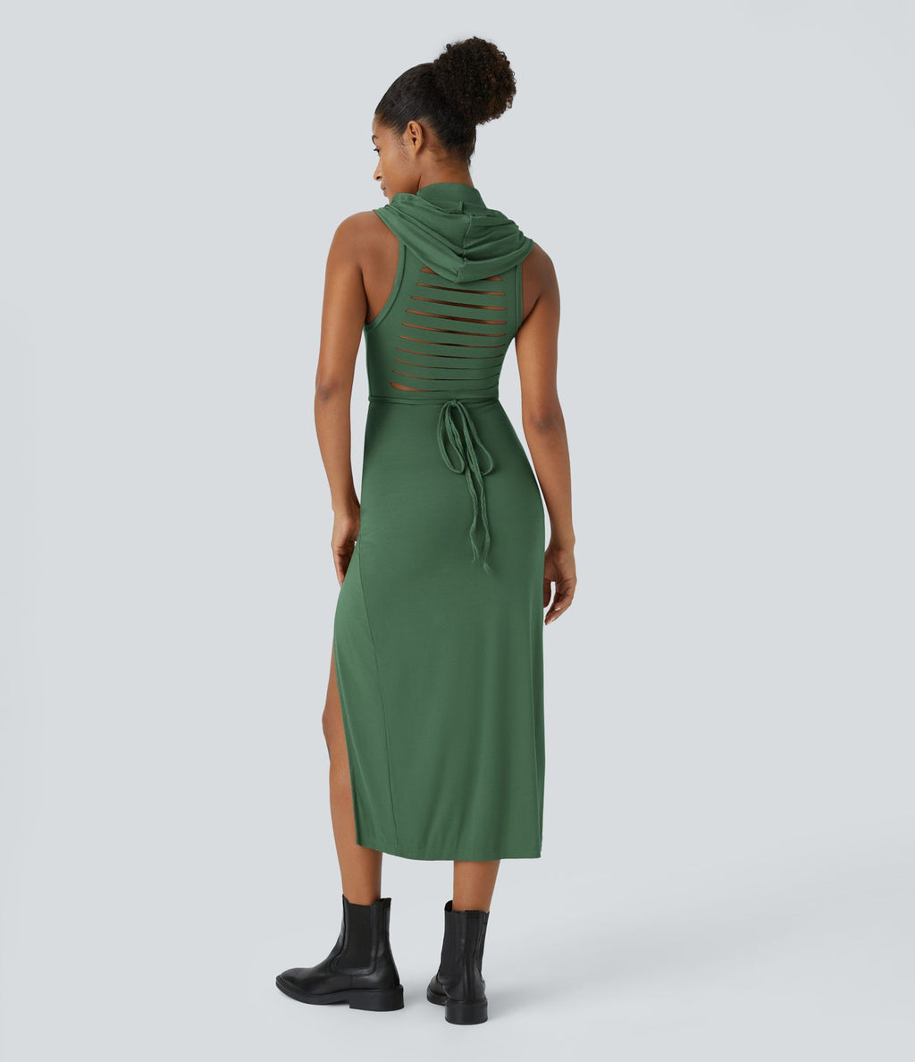 Robe Casual Midi 2 Pièces Capuche Col Montant Sans Manches Fendue avec Découpe Dos Nœud Côtelée