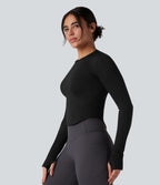 Haut de sport yoga col rond à manches longues avec passants pouces et ourlet arrondi sans couture Seamless Flow