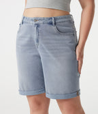 Short bermuda casual denim grande taille Halara Flex™ tricot extensible délavé taille haute multiples poches ourlet roulotté