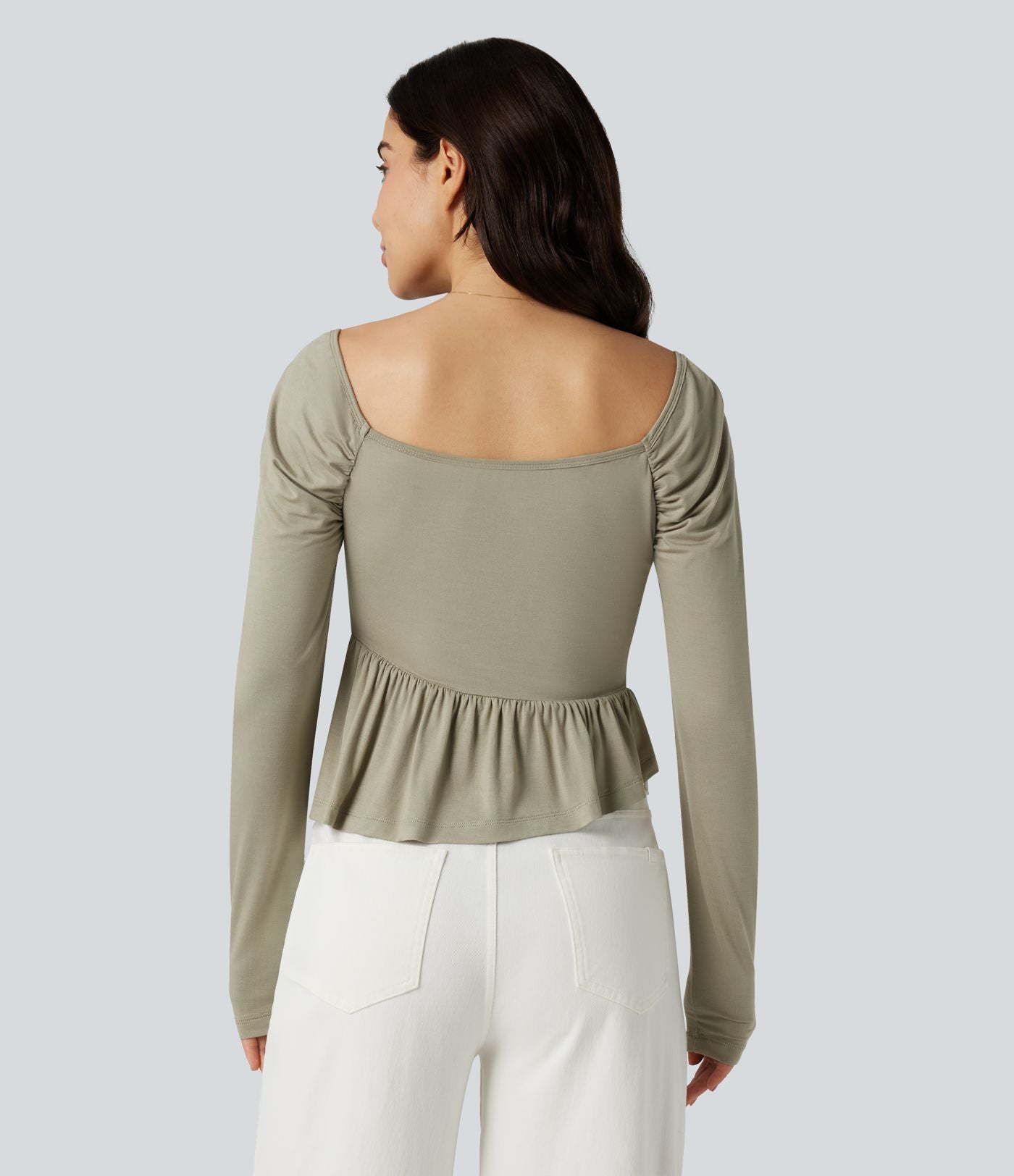 T-shirt décolleté carré à manches longues avec ourlet à volants