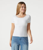 T-shirt décontracté en maille côtelée, col rond échancré, dos en U, manches courtes, brassière intégrée en dentelle contrastée