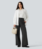 Pantalon tailleur rayé coupe droite taille haute avec poches