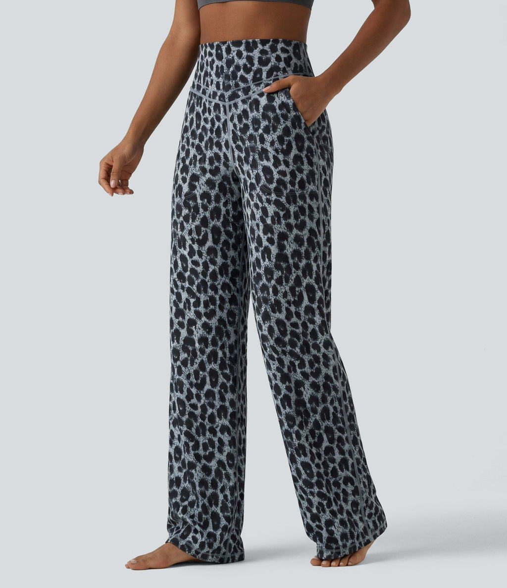 Pantalon de yoga jambes droites taille haute gainant imprimé léopard Halara UltraSculpt™ avec poches