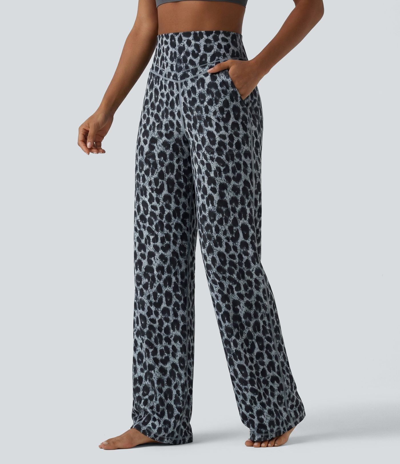 Pantalon de yoga jambes droites taille haute gainant imprimé léopard Halara UltraSculpt™ avec poches