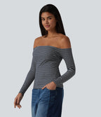 T-shirt casual rayé en maille côtelée à épaules dénudées, manches longues et soutien-gorge intégré