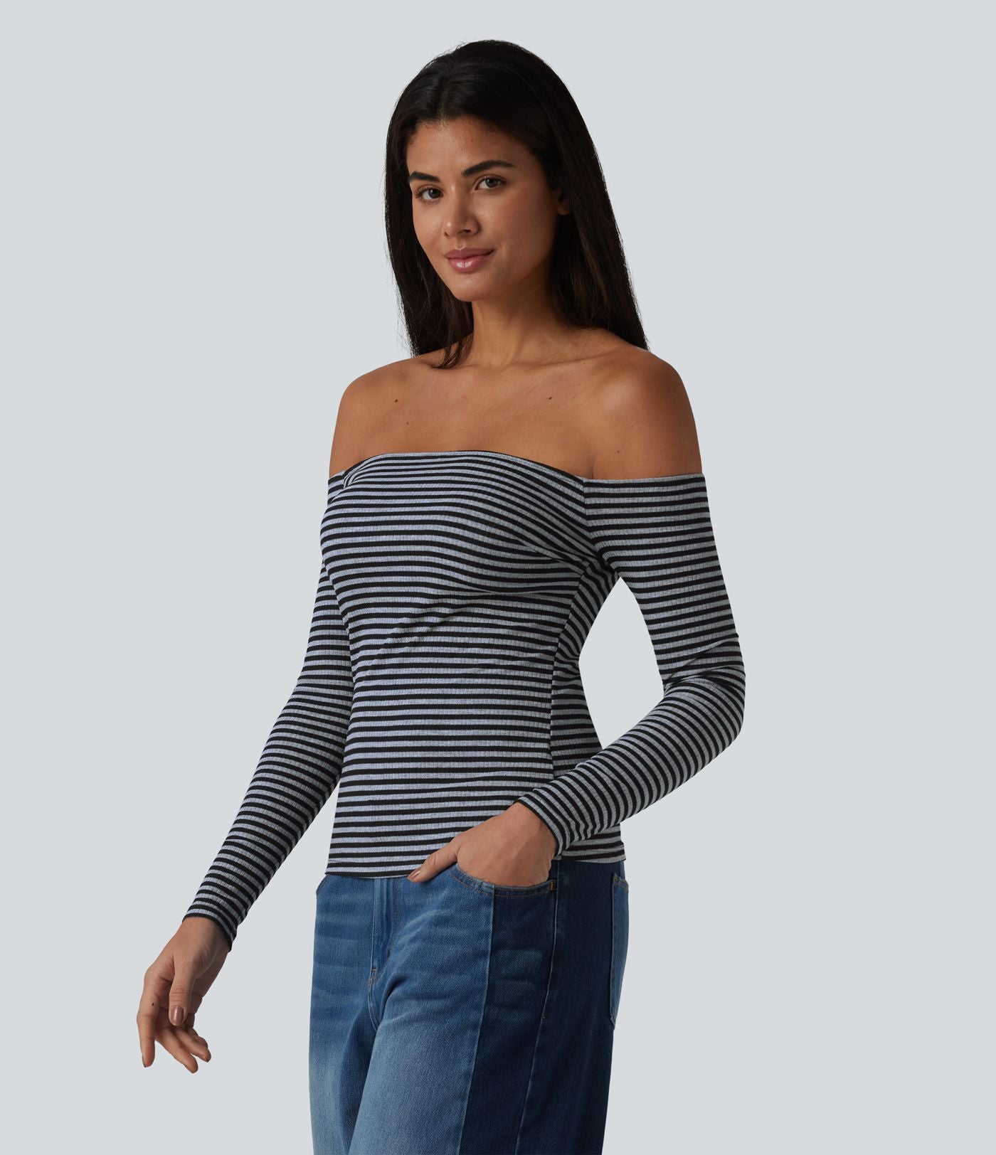 T-shirt casual rayé en maille côtelée à épaules dénudées, manches longues et soutien-gorge intégré