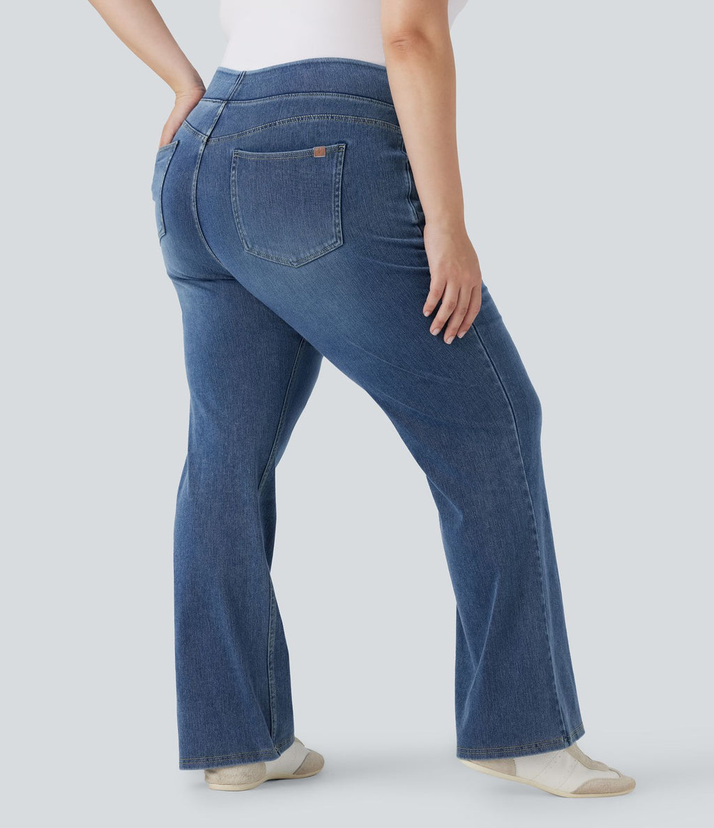 Jean décontracté Halara Flex™ grande taille bootcut taille haute en maille extensible délavée avec multiples poches
