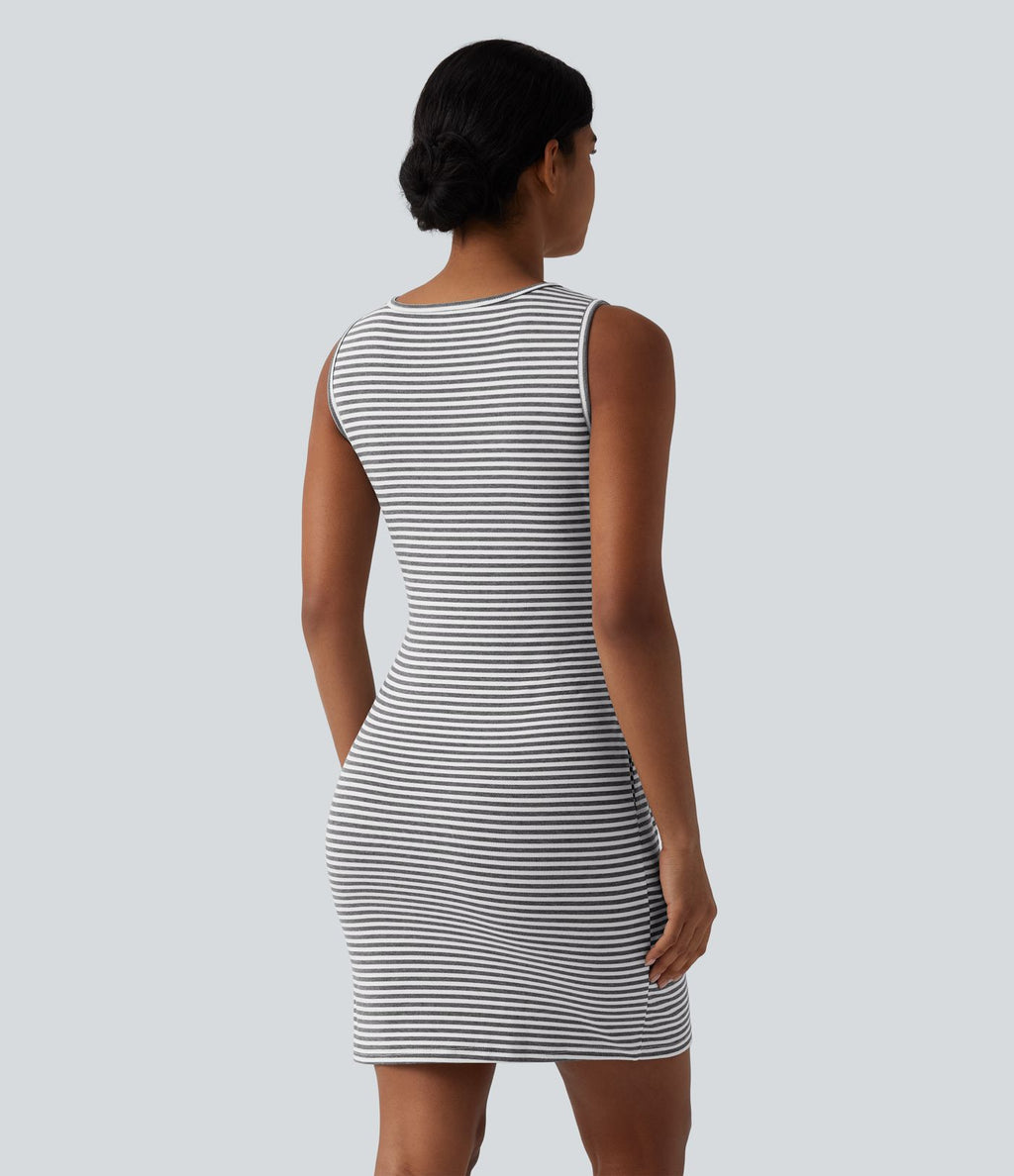 Robe mini décontractée moulante sans manches col rond à rayures avec ceinture et poches