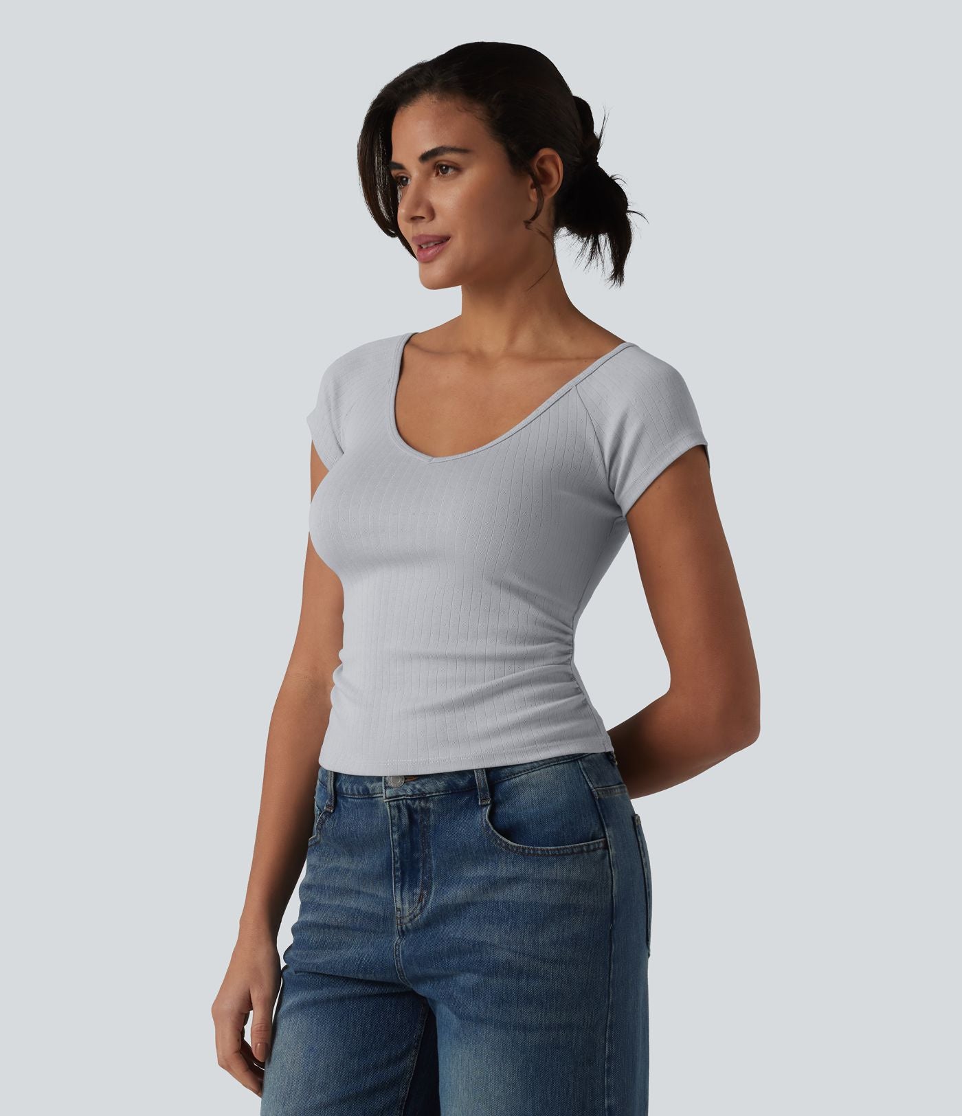 T-shirt col V manches courtes avec fronces