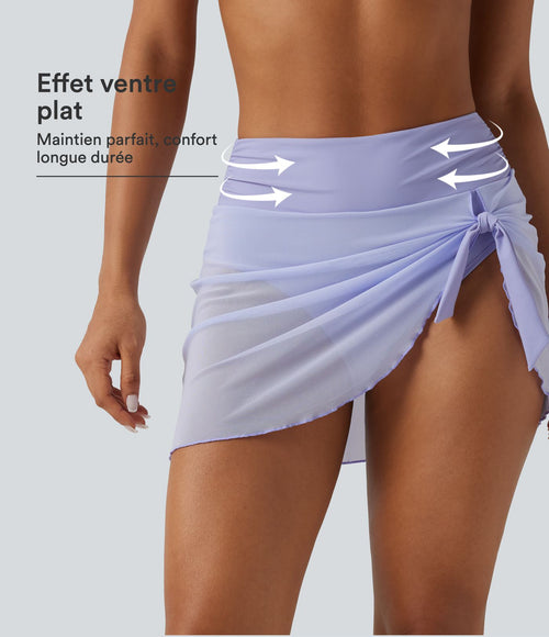 Bas de bikini 2-en-1 gainant taille haute en mesh avec fronces, lien et ourlet asymétrique 7,5 cm