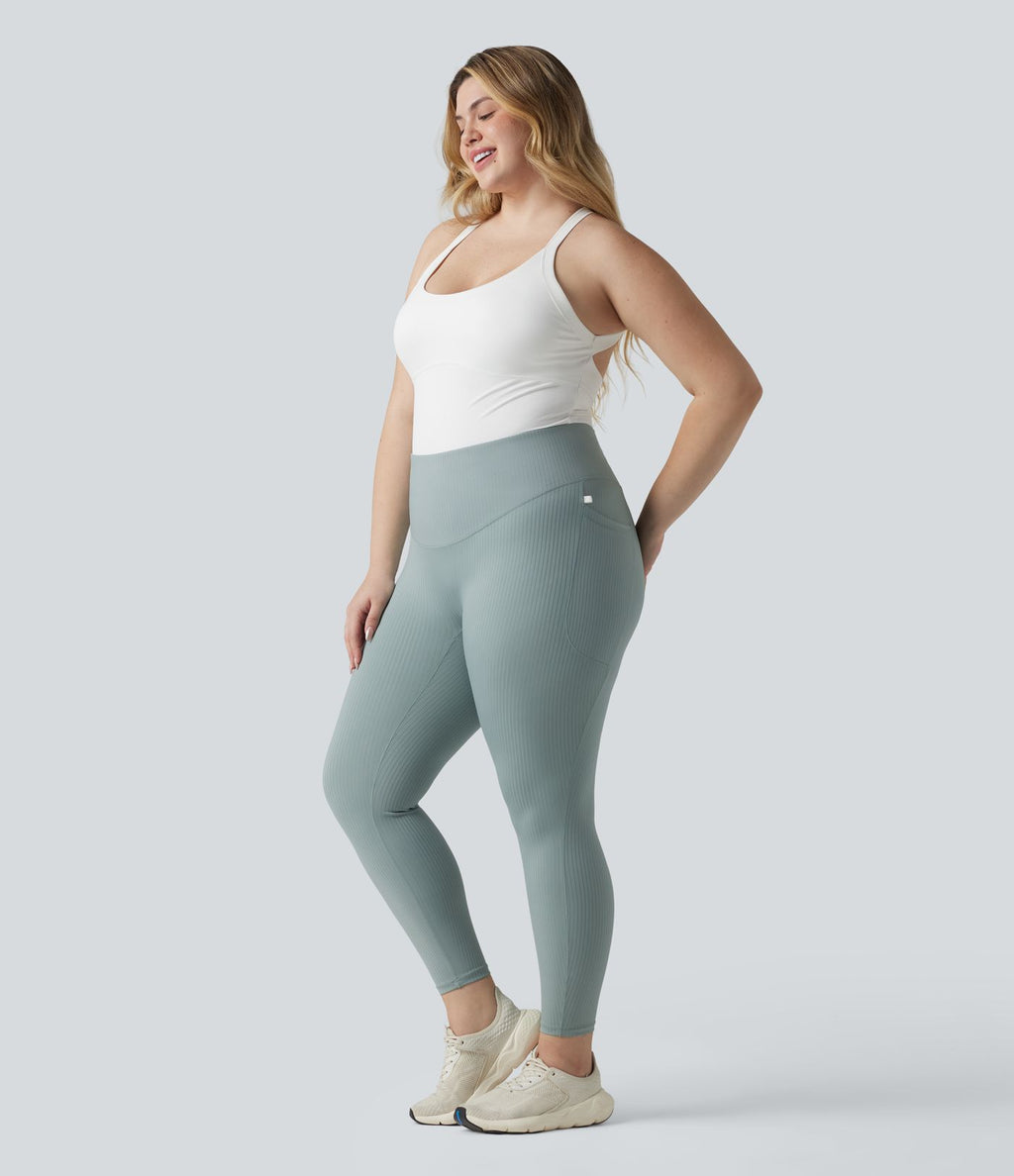 Legging sport grande taille en maille côtelé, effet ventre plat, taille haute avec poches