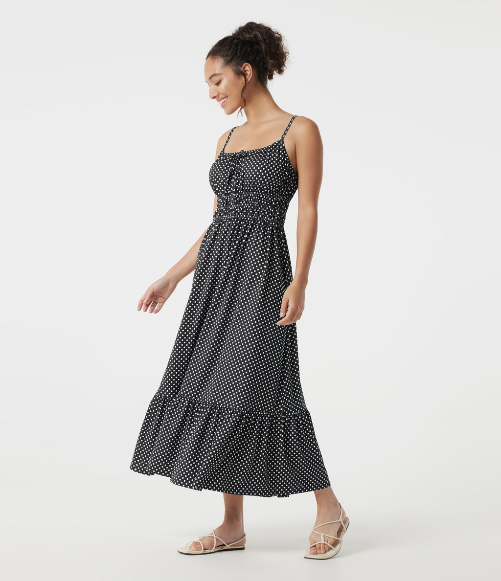 Robe nuisette midi fluide à pois avec lien à nouer à l’avant
