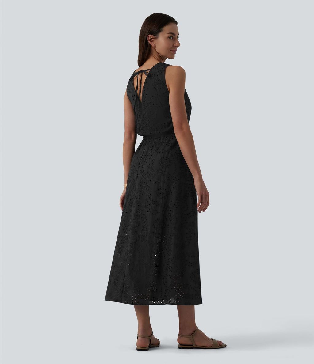 Robe mi-longue fluide col V sans manches avec nœud au dos