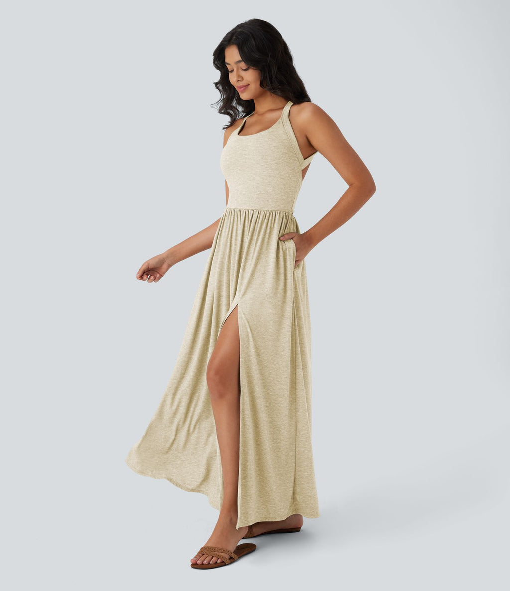 Robe longue fluide fendue avec poches latérales, dos nu et effet torsadé