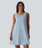 Robe débardeur mini décontractée col rond sans manches en vichy froissé avec poches