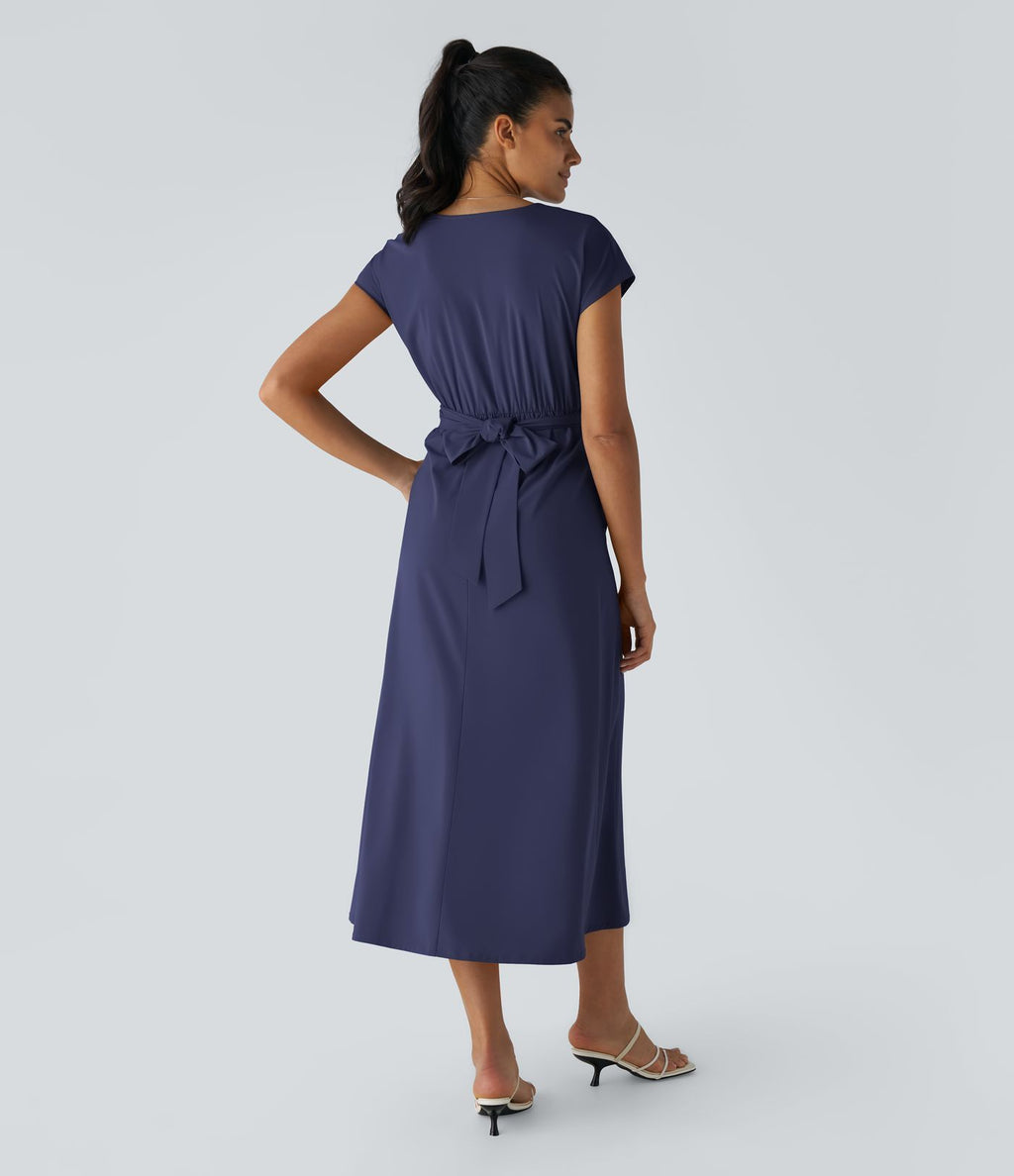 Breezeful™ Robe Mi-Longue Col en V Manches Courtes Poche Latérale Nouée au Dos Séchage Rapide