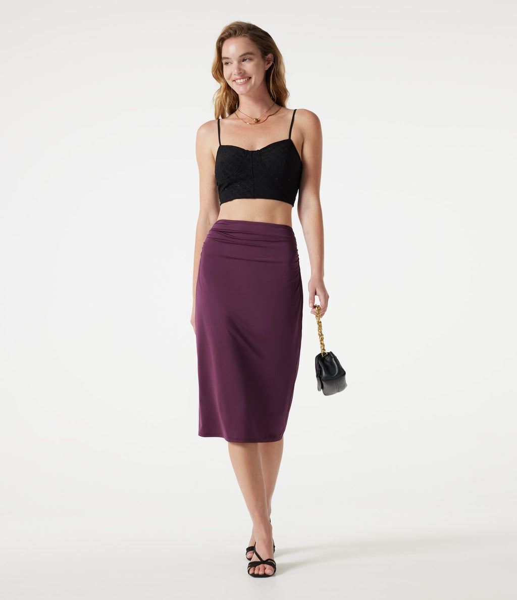 Jupe crayon midi décontracté taille haute extensible aspect satiné à effet frais InstantCool avec fronces