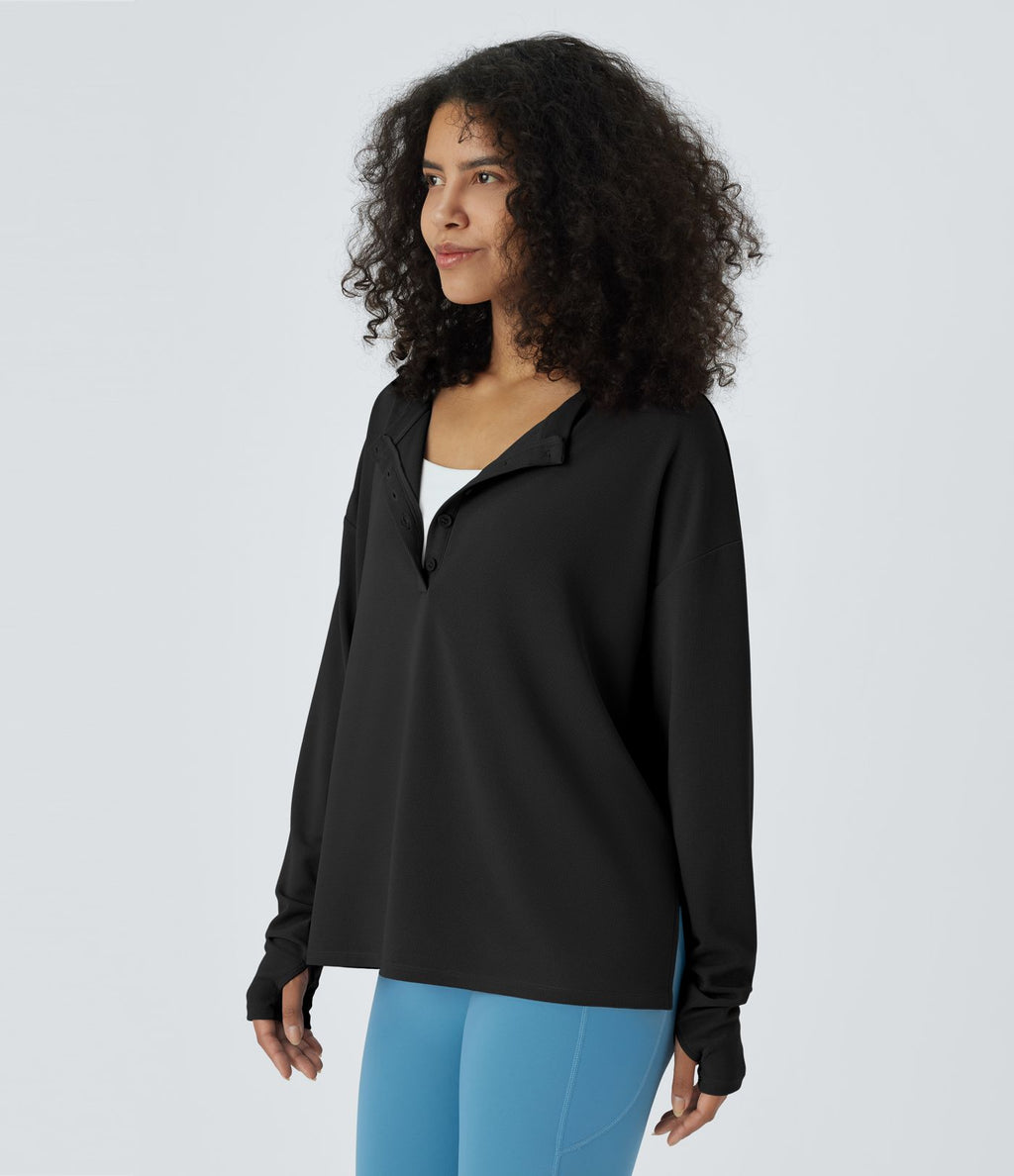 Sweatshirt Casual Waffle à Boutons Devant avec Trou Pouce et Fente