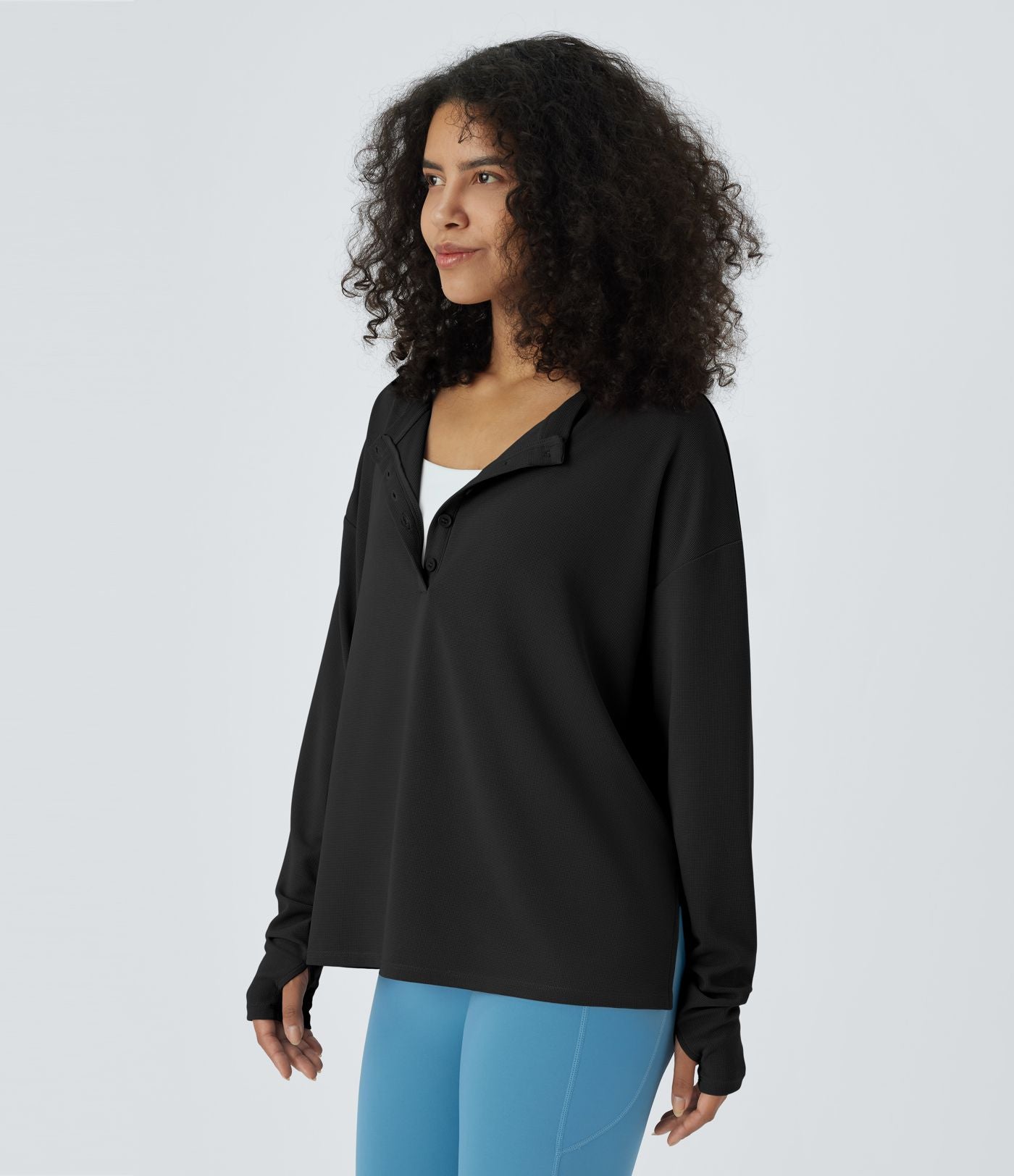 Sweatshirt Casual Waffle à Boutons Devant avec Trou Pouce et Fente