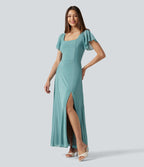 Robe maxi fluide col carré manches courtes soutien-gorge intégré dos noué