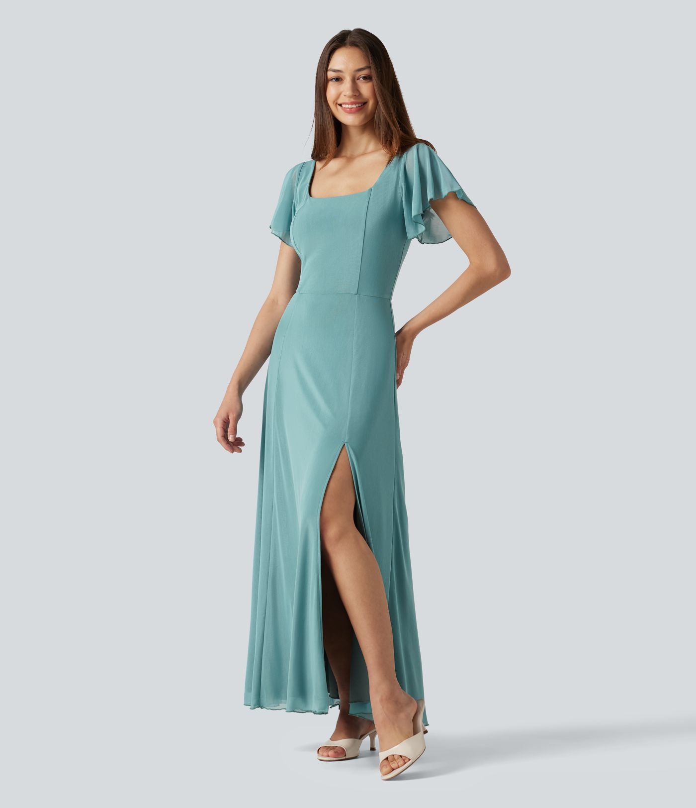 Robe maxi fluide col carré manches courtes soutien-gorge intégré dos noué