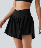 Short de running 2-en-1 taille haute croisée en tissu froissé avec ourlet fendu et poches