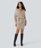 Robe-pull courte décontractée à col V croisé, manches chauve-souris longues et ceinture