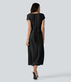 Robe midi casual fluide en mélange de lin col V à manches courtes avec dos noué et poches