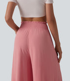 Pantalon fluide décontracté taille haute froncé aspect lin avec poches