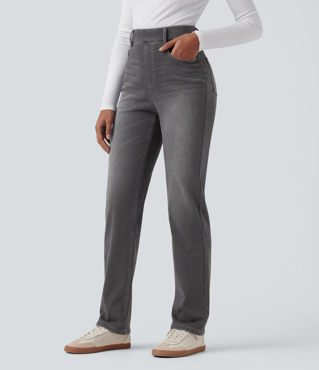 Halara Flex™ Jean casual délavé jambe droite taille haute gainant avec poches