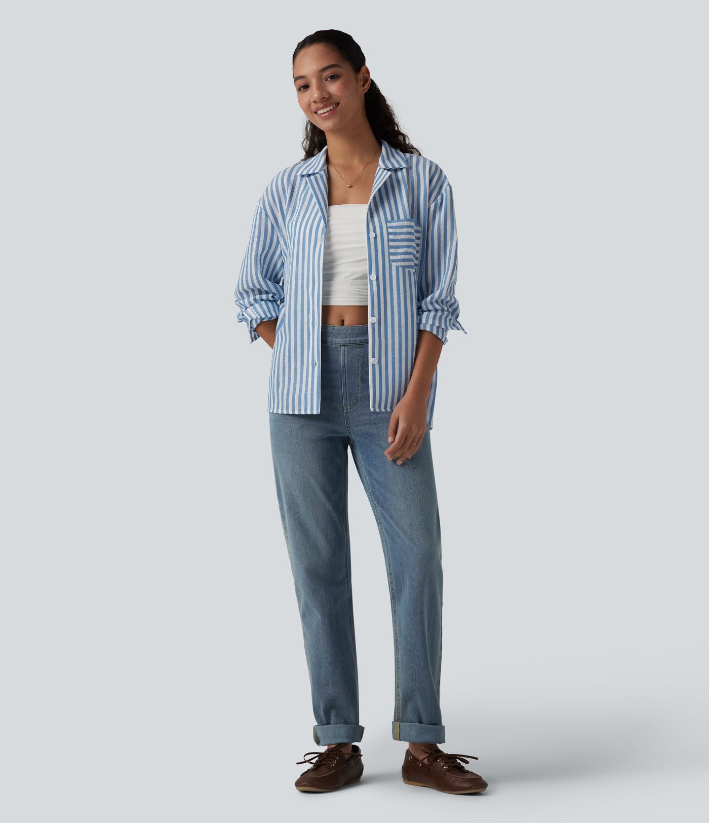 Chemise décontractée rayée col cranté manches longues aspect lin avec poche