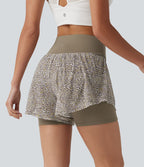 Short baggy de running 2-en-1 taille haute à imprimé léopard avec poches