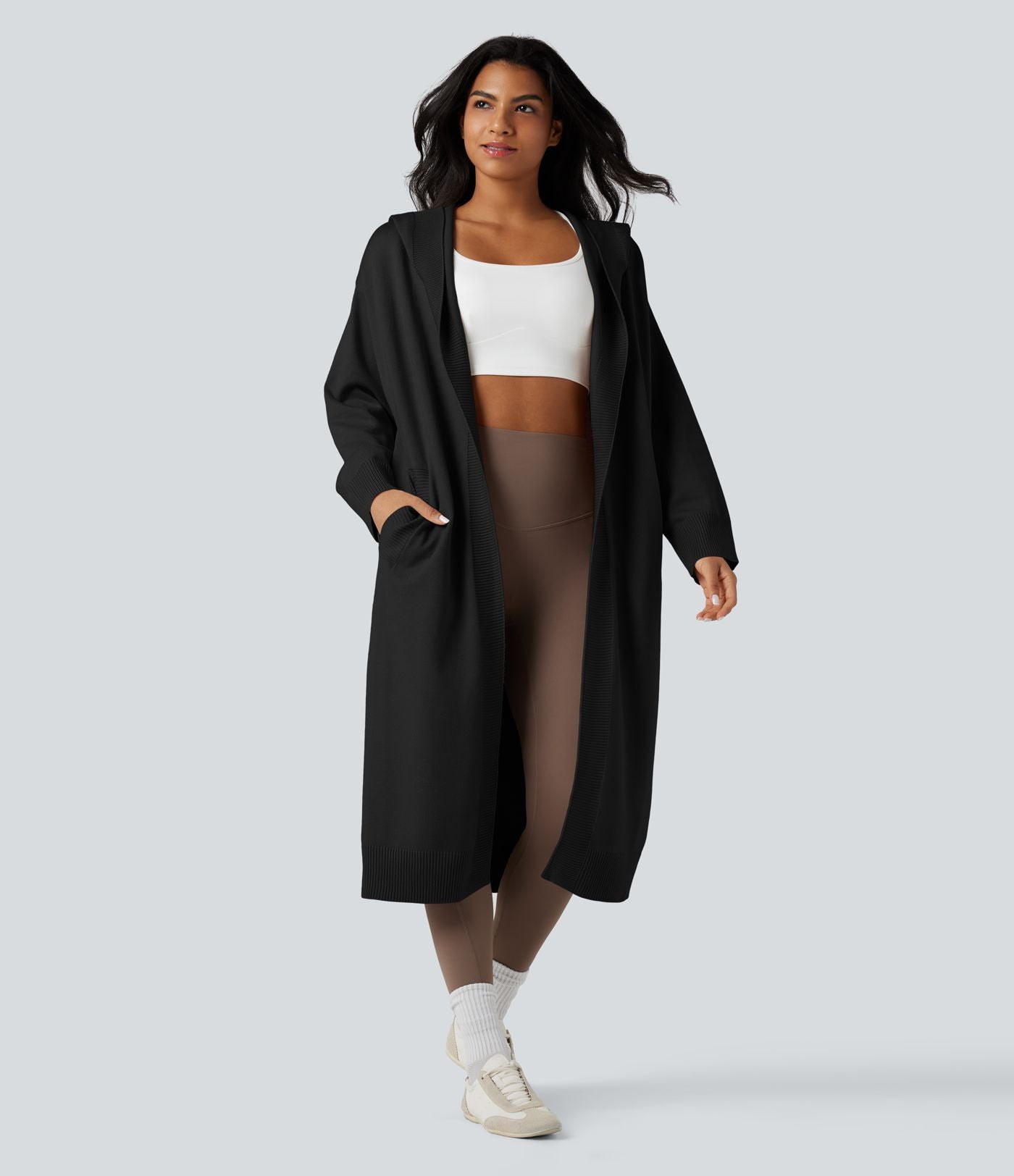 Cardigan long à capuche manches longues avec poches