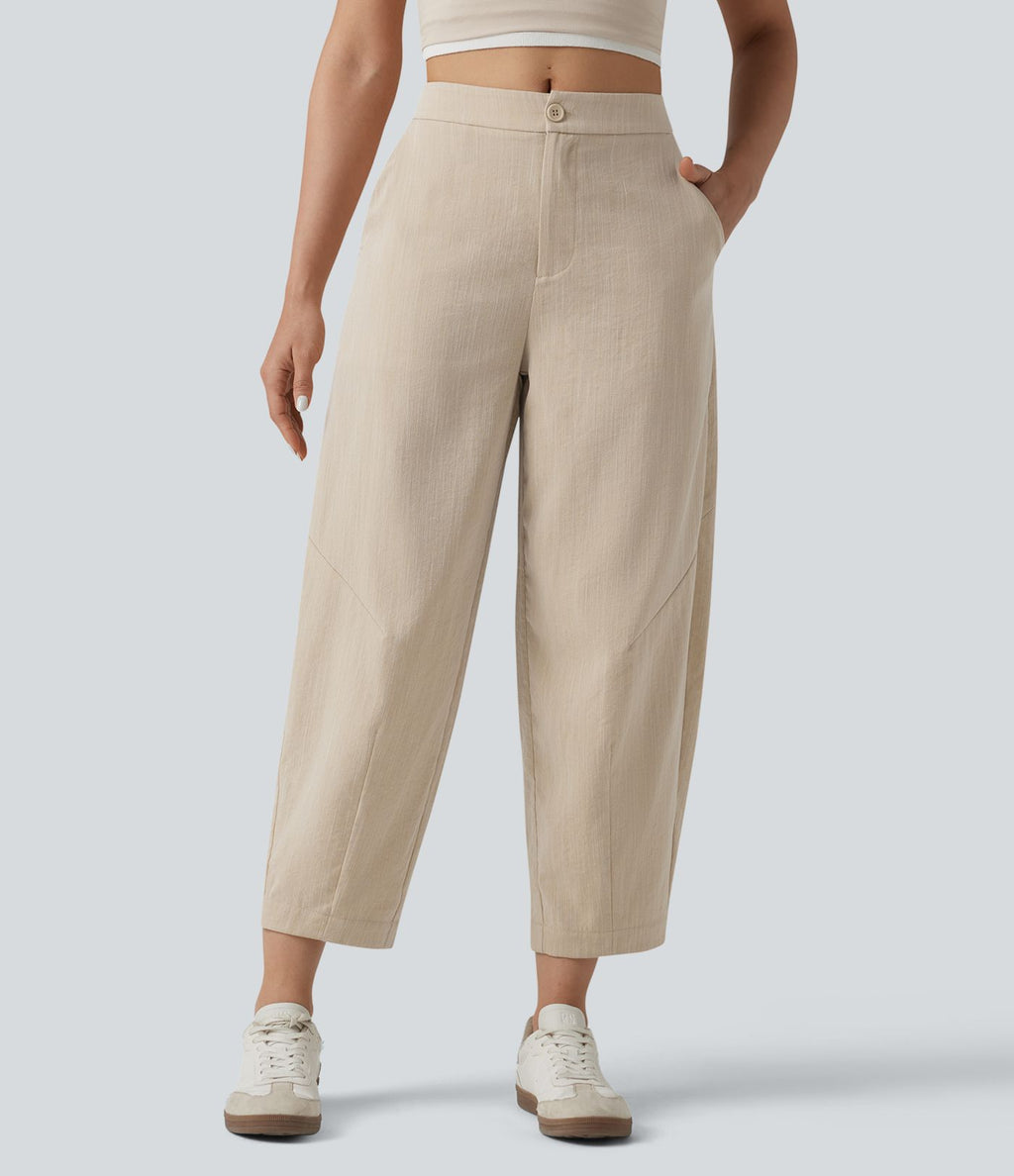 Pantalon casual taille mi-haute coupe tonneau aspect lin, avec poches