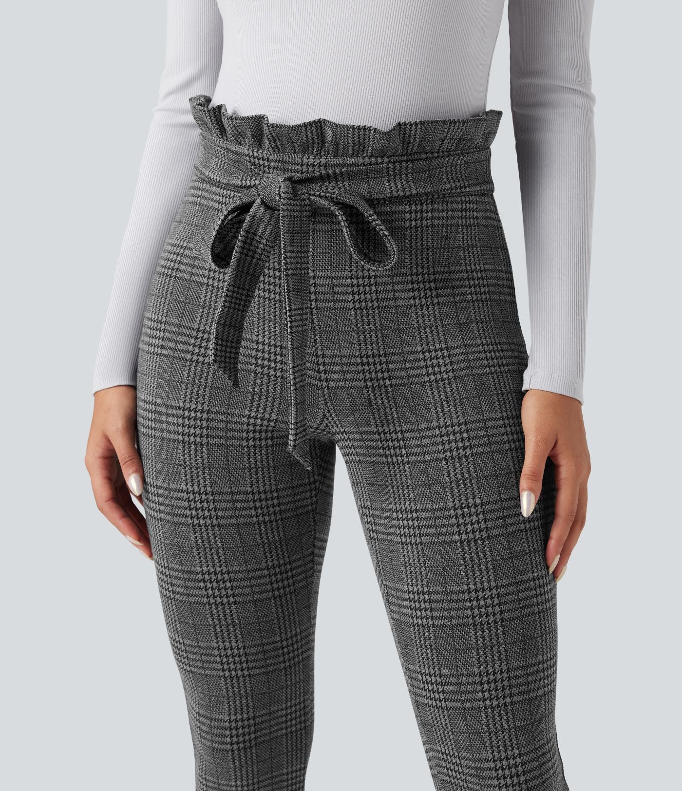 Pantalon tailleur skinny Halara Flex™ paper bag pied-de-poule carreaux taille haute à nœud avec poches