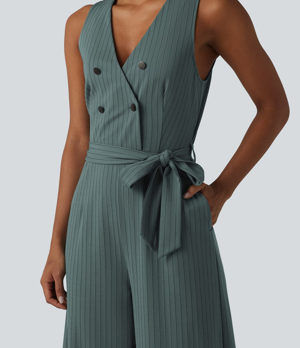 Combinaison tailleur sans manches à col V, ceinturée, avec zip invisible, rayures et effet frais avec poches, accès facile Easy Peasy