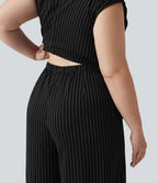 Combinaison grande taille rayée effet frais InstantCool à col bateau pour le bureau avec nœud sur le côté, poches et accès facile Easy Peasy