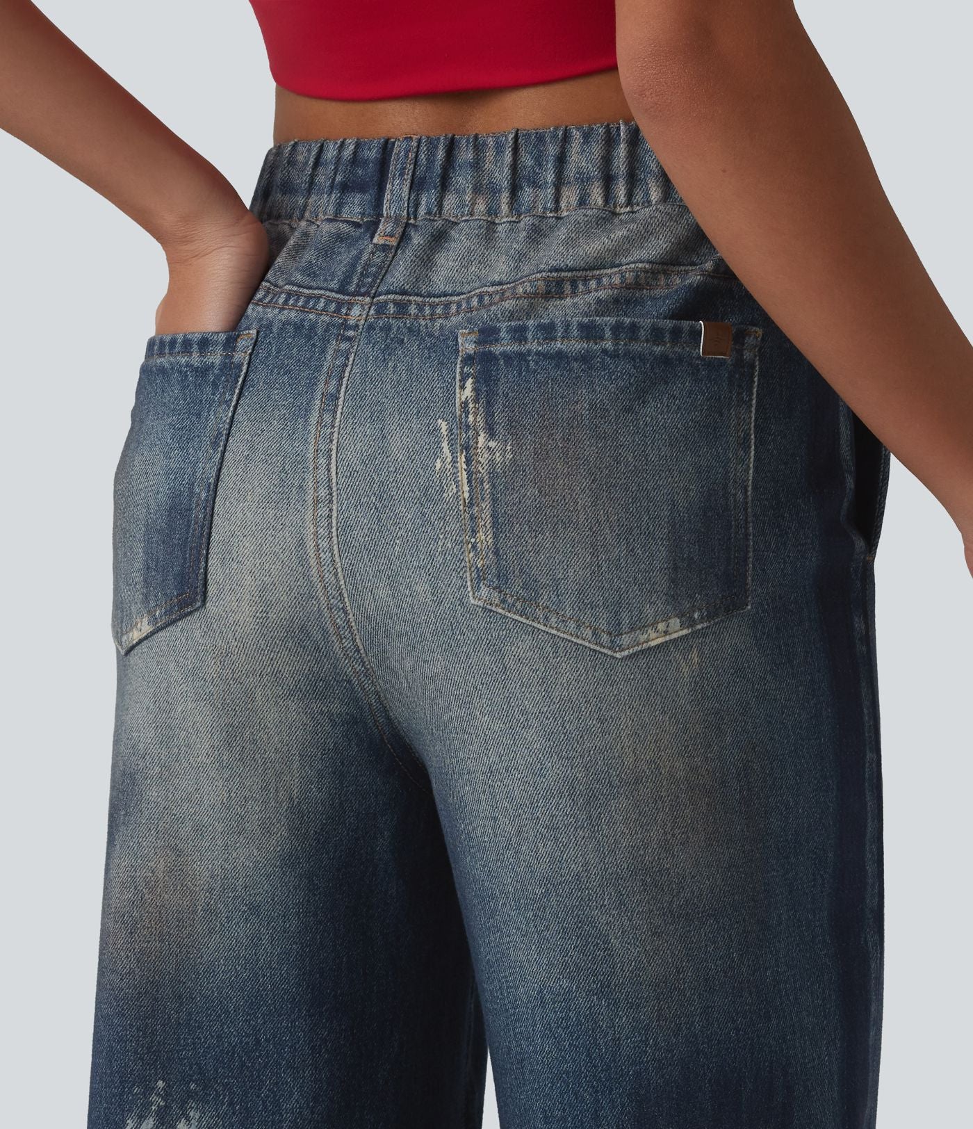 Jean de survêtement décontracté à rayures en tissu éponge français imprimé denim taille mi-haute avec poches