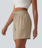 Short décontracté ample en lin mélangé taille haute avec cordon de serrage, 12,5 cm, et poches