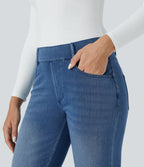HalaraMagic™ Jean 7/8 Travail en Tricot Extensible Lavé à Jambes Droites et Poches Multiples à Taille Mi-Haute