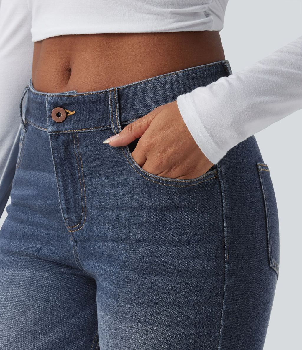 Jean bootcut délavé Halara Flex™ taille basse avec bouton, fermeture éclair et poches multiples